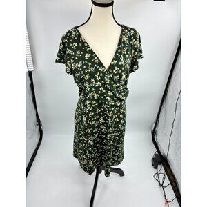LOFT Womens Size 12P Green Floral Wrap Dress Short Sleeve V-Neck Casual Petite